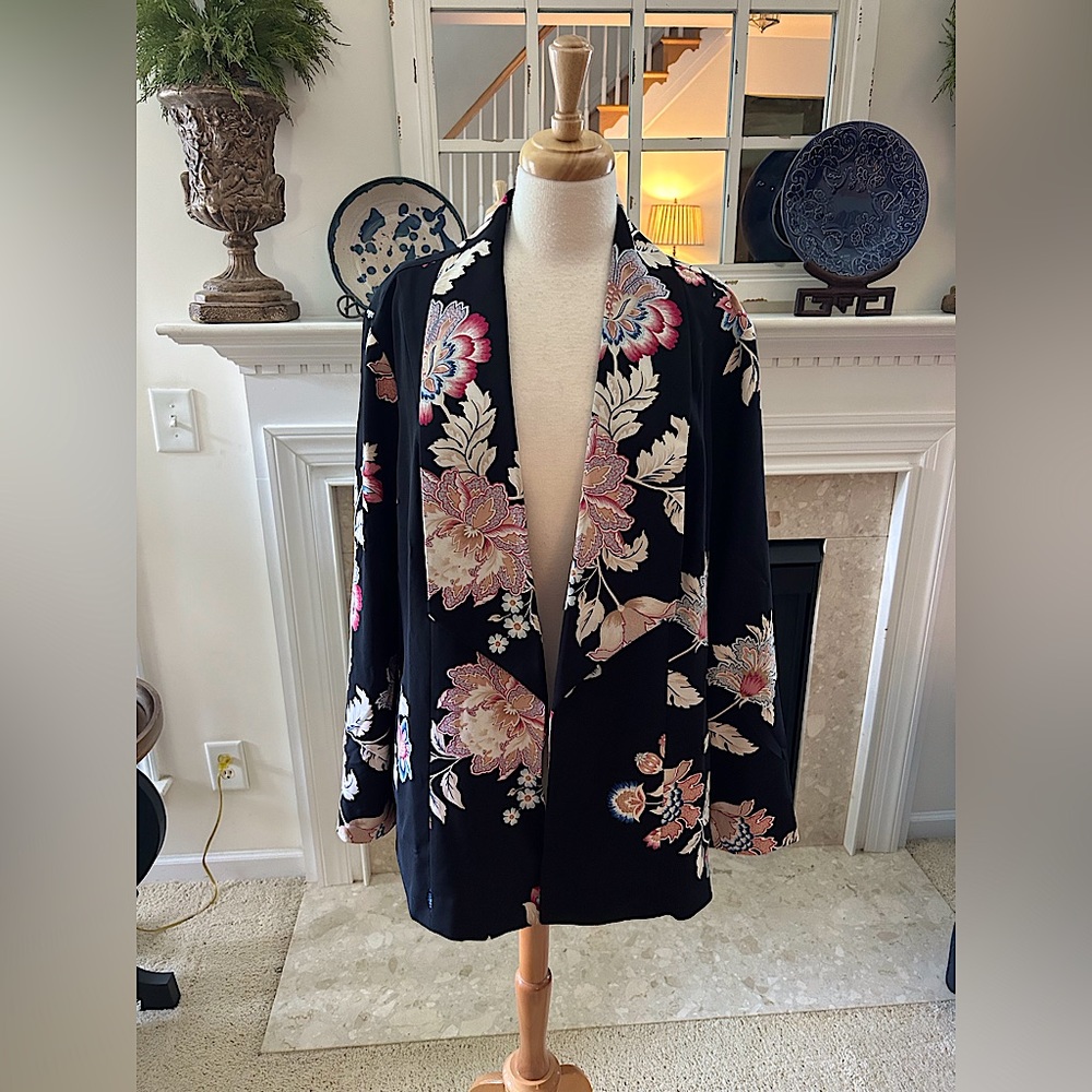 Chico's Black Floral Open Front Jacket with Pink & Cream Blooms